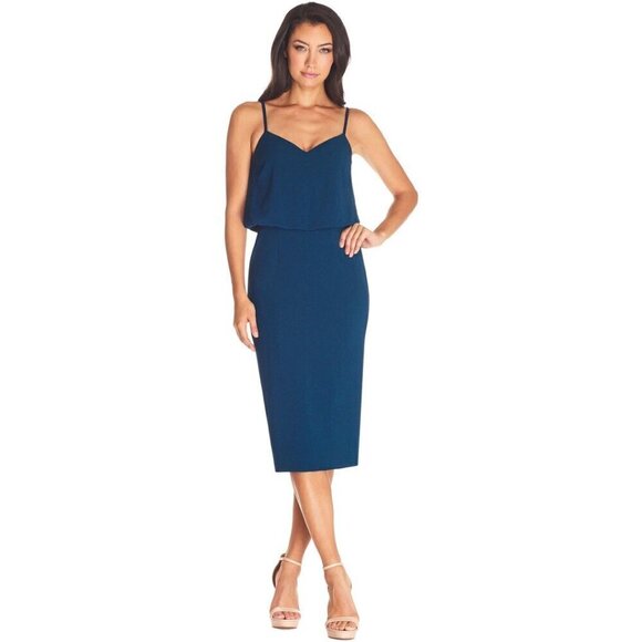 DRESS THE POPULATION Alondra Blouson Sheath Dress in Peacock Blue Size Small - Picture 1 of 10